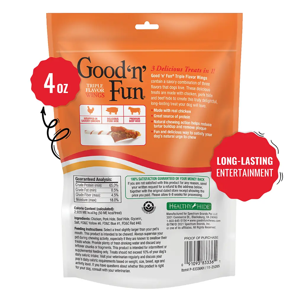 Good ‘n’ Fun Triple Flavor Wings Chews for All Dogs, Treat Your Dog to Long-Lasting Chews Made with Chicken, Pork Hide and Beef Hide - back of package