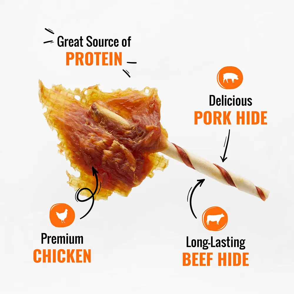 Great source of protein, delicious pork hide, premium chicken, long-lasting beef hide