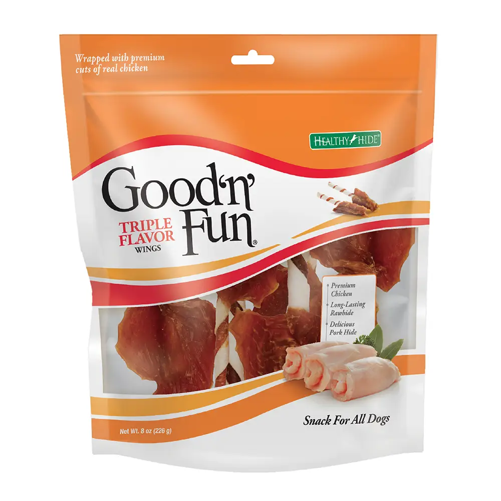 Good ‘n’ Fun Triple Flavor Wings Chews for All Dogs, Treat Your Dog to Long-Lasting Chews Made with Chicken, Pork Hide and Beef Hide - front of package