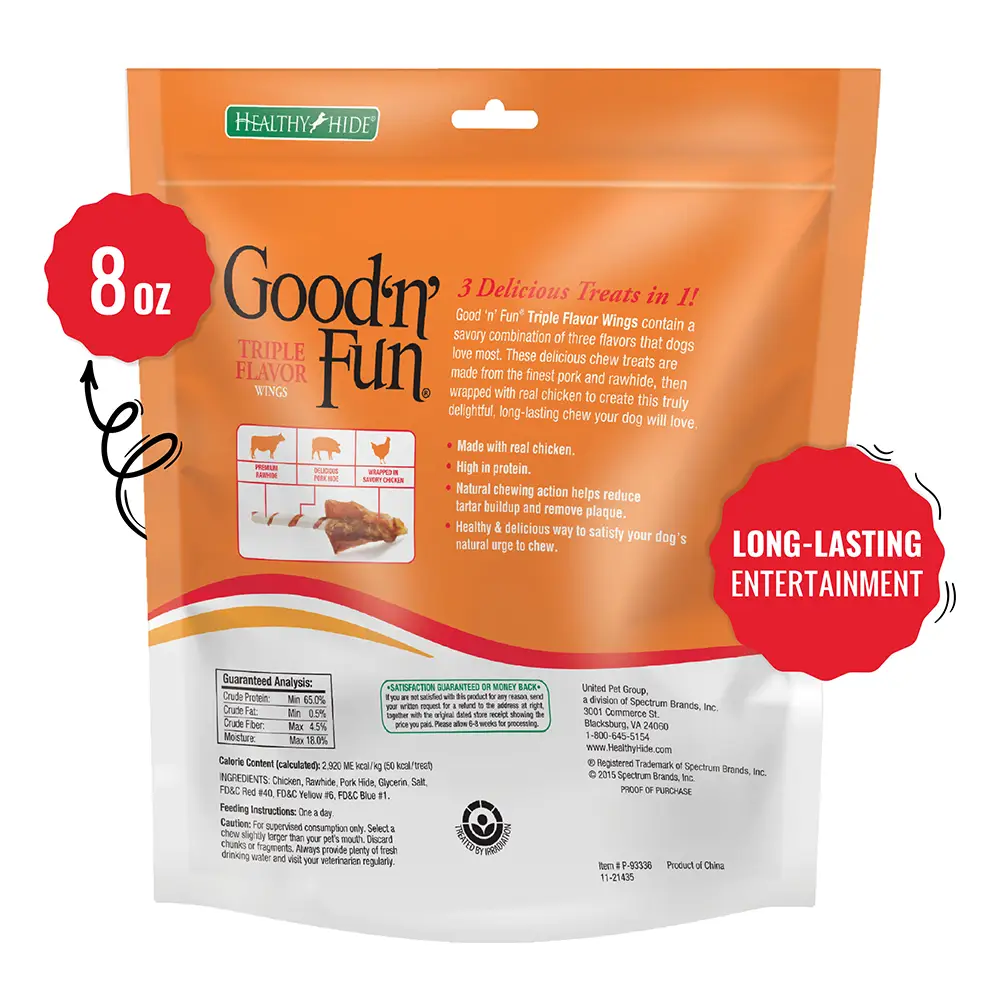 Good ‘n’ Fun Triple Flavor Wings Chews for All Dogs, Treat Your Dog to Long-Lasting Chews Made with Chicken, Pork Hide and Beef Hide - back of package