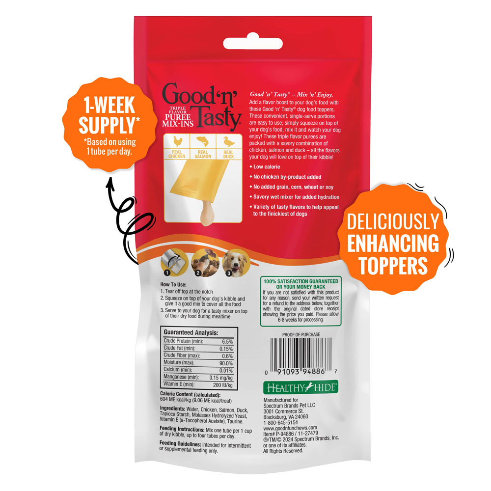 Dog Topper Mix-Ins with real chicken, real salmon and real duck. 7 count - back of package