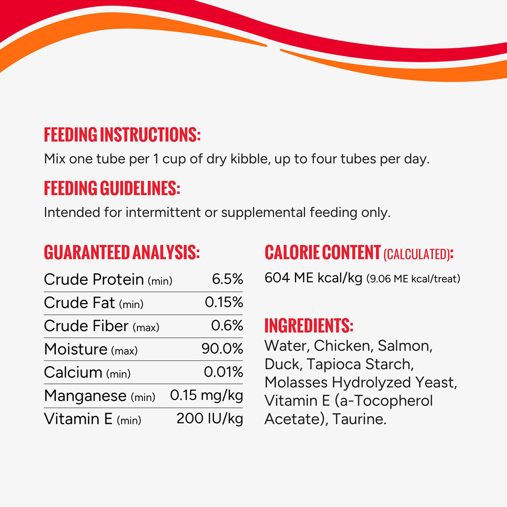 Feeding instructions, feeding guidelines, guaranteed analysis, calorie content and ingredients.