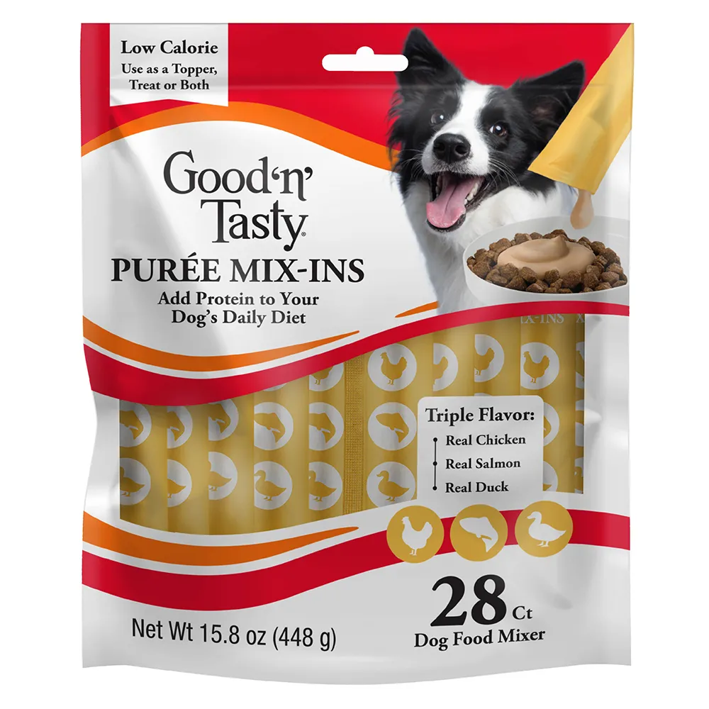 Dog Topper Mix-Ins with real chicken, real salmon and real duck. 28 count - front of package