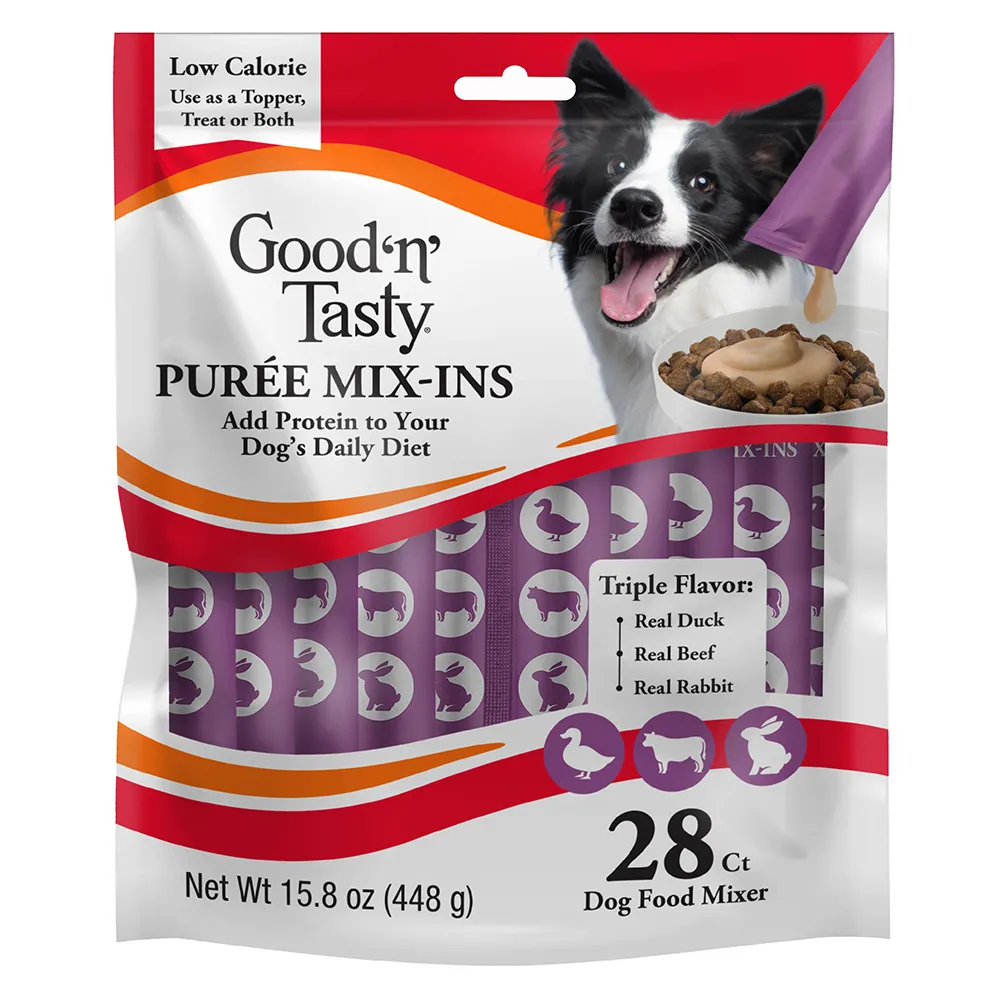 Dog Topper Mix-Ins, triple flavor of real duck, real beef and real rabbit. front of packaging, 28 count