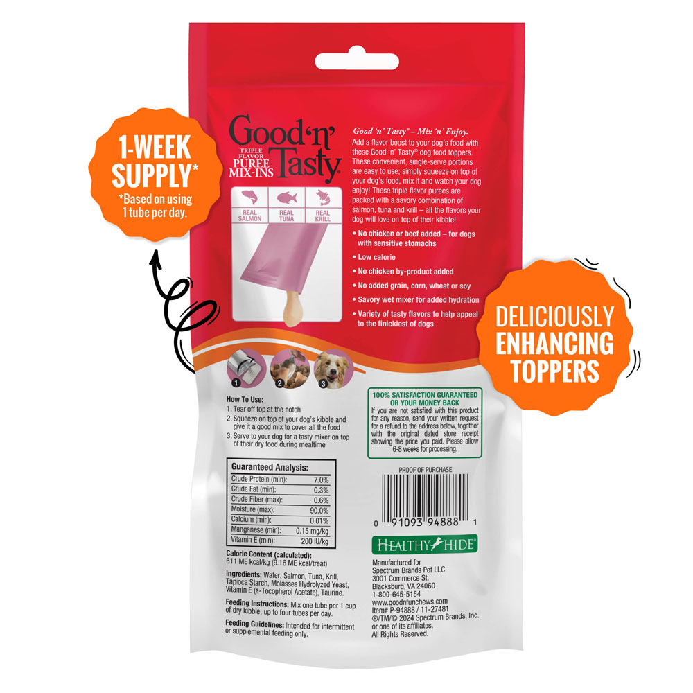 Dog Topper Mix-Ins with real salmon, real tuna, and real krill. 7 count - back of package