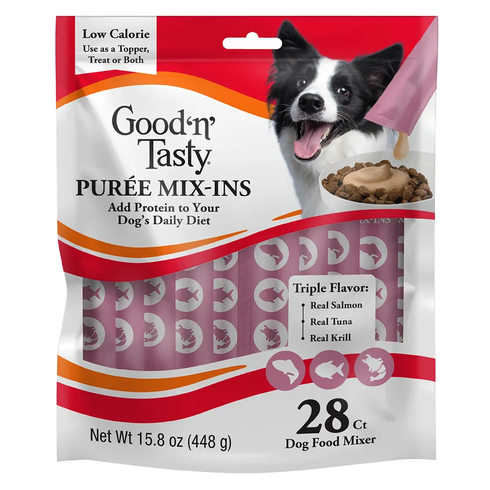 Dog Topper Mix-Ins with real salmon, real tuna, and real krill. 28 count - front of package