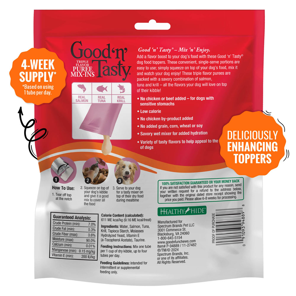 Dog Topper Mix-Ins with real salmon, real tuna, and real krill. 28 count - back of package