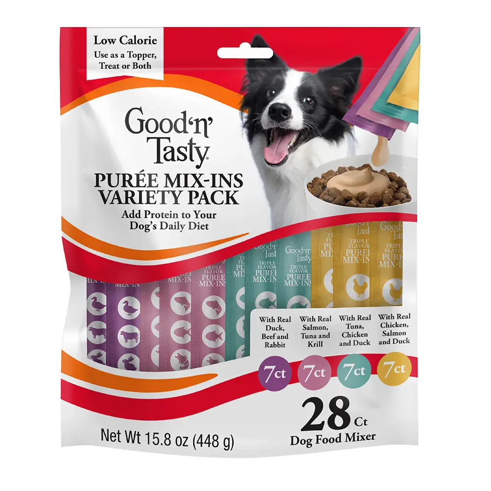 Triple Flavor Puree Mix-Ins Variety Pack Dog Food Topper Treats for All Dogs, 28 Count - Front of package