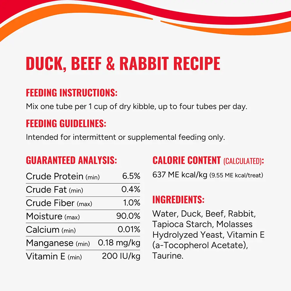 Duck, beef and rabbit recipe - Mix one tube per one cup of dry kibble, up to four tubes per day.