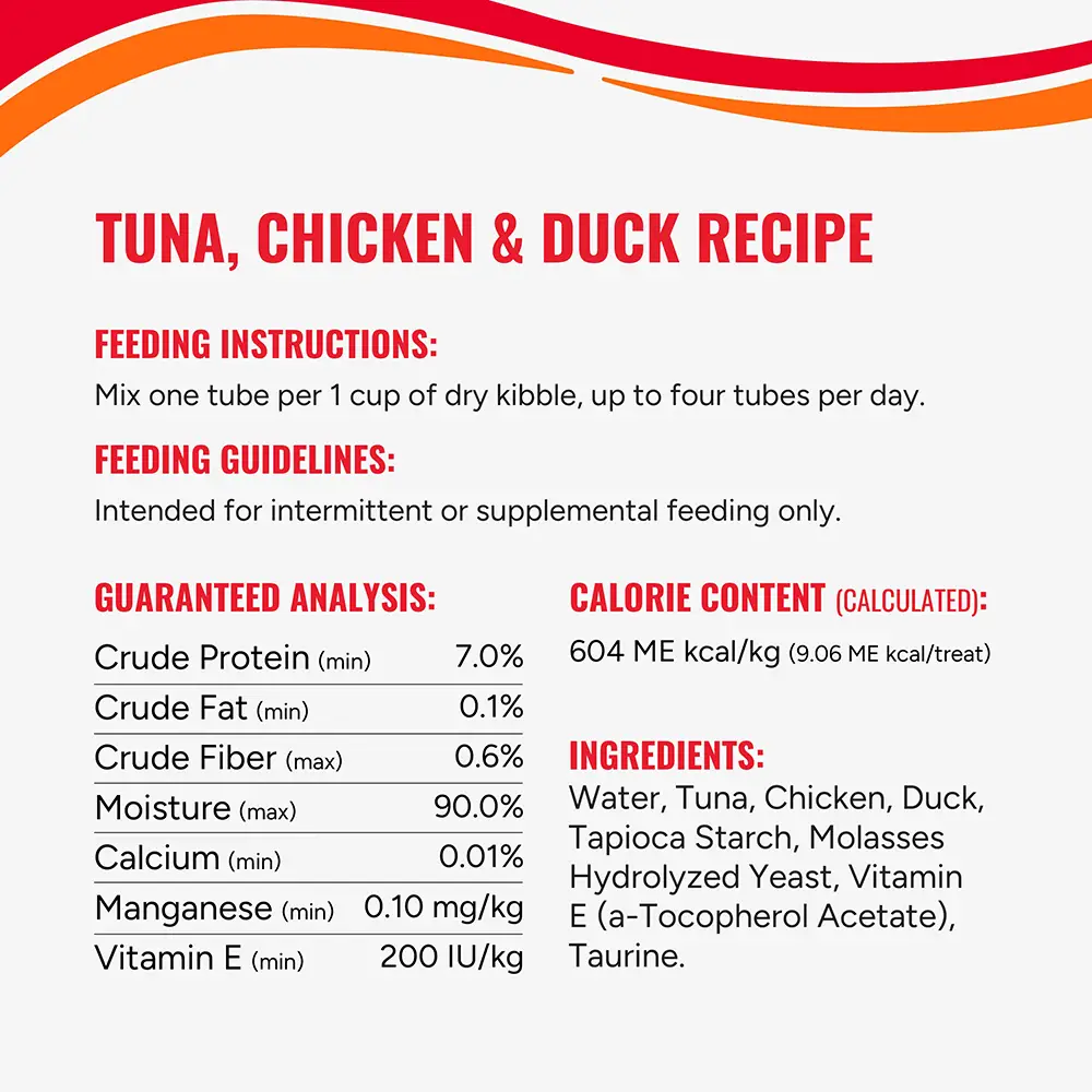 Tuna, chicken and duck recipe - Mix one tube per one cup of dry kibble, up to four tubes per day.
