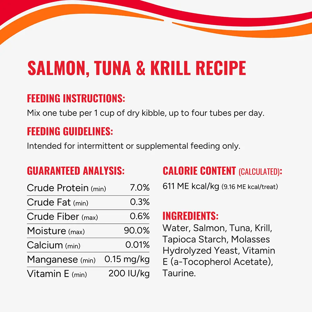 Salmon, tuna and krill recipe - Mix one tube per one cup of dry kibble, up to four tubes per day.