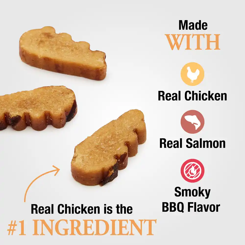 Made with real chicken, real salmon and smokey bbq flavor. Real chicken is the number one ingredient.