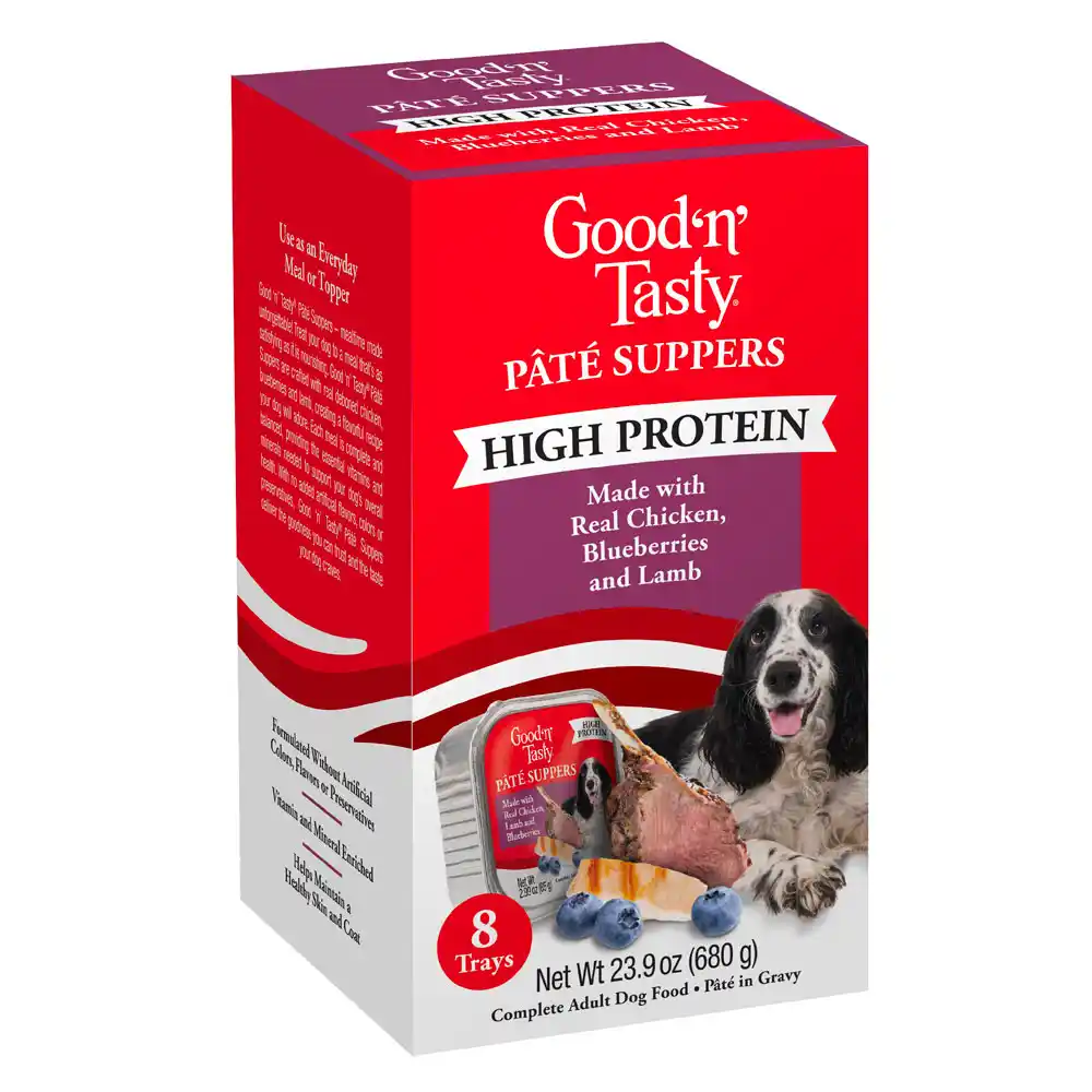 Good'n'Tasty Pate Suppers High Protein, Chicken, Blueberries and Lamb front of packaging