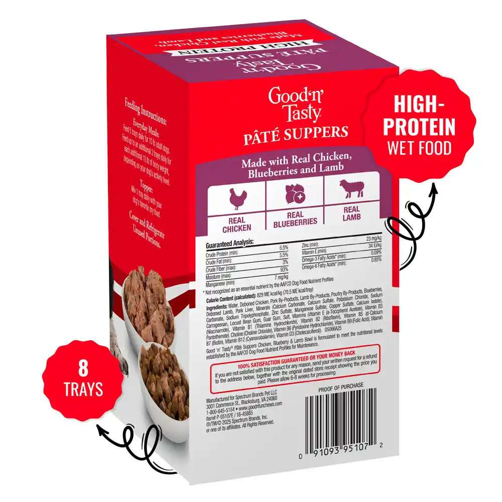 Good'n'Tasty Pate Suppers High Protein, Chicken, Blueberries and Lamb back of packaging