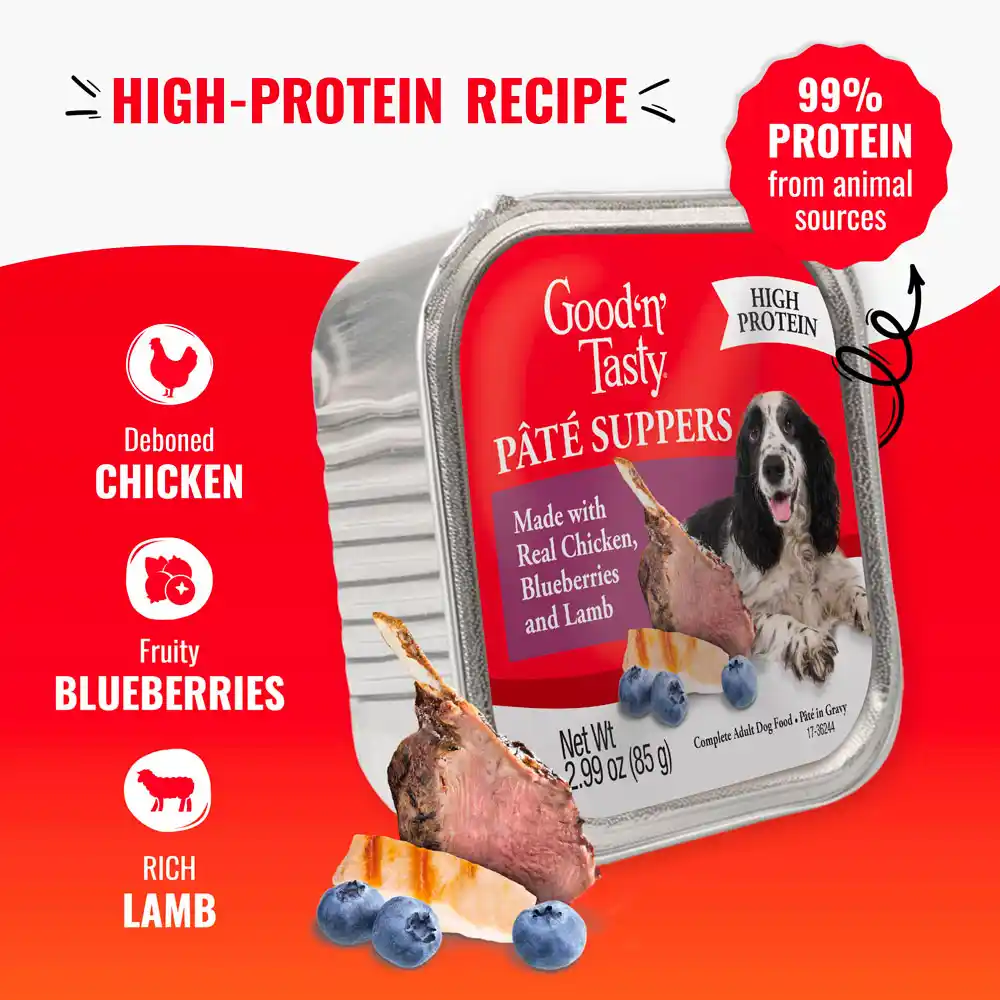High-Protein Recipe. 99% protein from animal sources. Deboned chicken, fruity blueberries and rich lamb. 