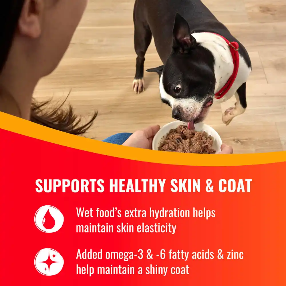 Supports healthy skin and coat. Wet food's extra hydration helps maintain skin elasticity. Added omega-3 & -6 fatty acids & zinc help maintain a shiny coat. 