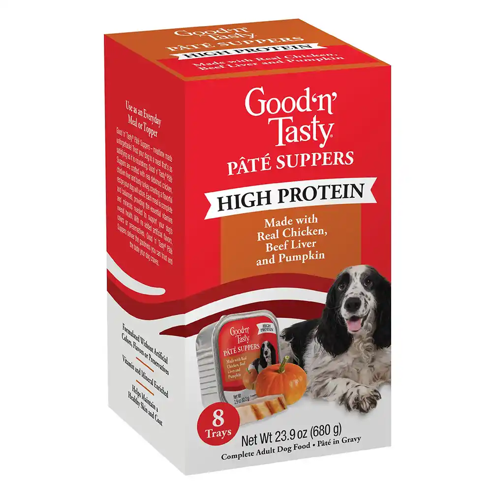 Good'n'Tasty Pate Suppers High Protein, Chicken, Beef Liver and Pumpkin front of packaging