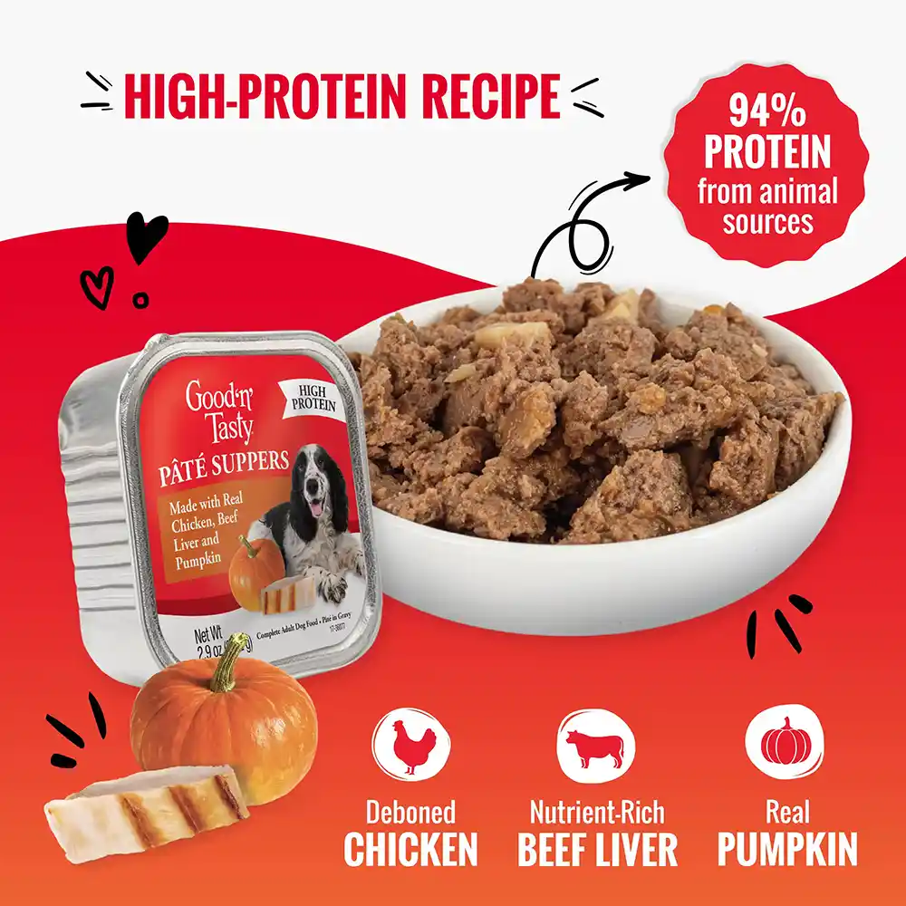 High Protein Recipe, deboned chicken, nutrient-rich beef liver, real pumpkin. 94% protein from animal sources