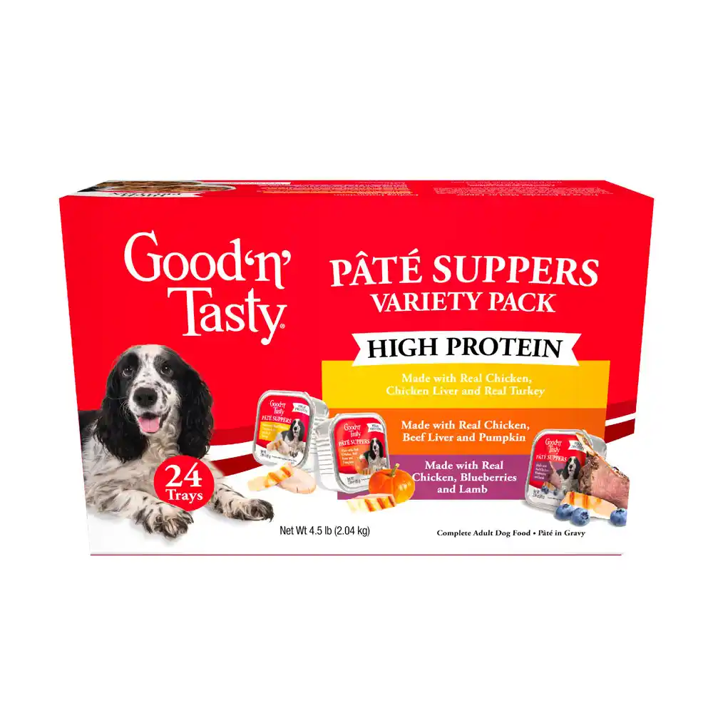Good'n'Tasty Pate Suppers High Protein Variety Pack front of packaging. High protein wet food. 24 trays, 3 flavor varieties.