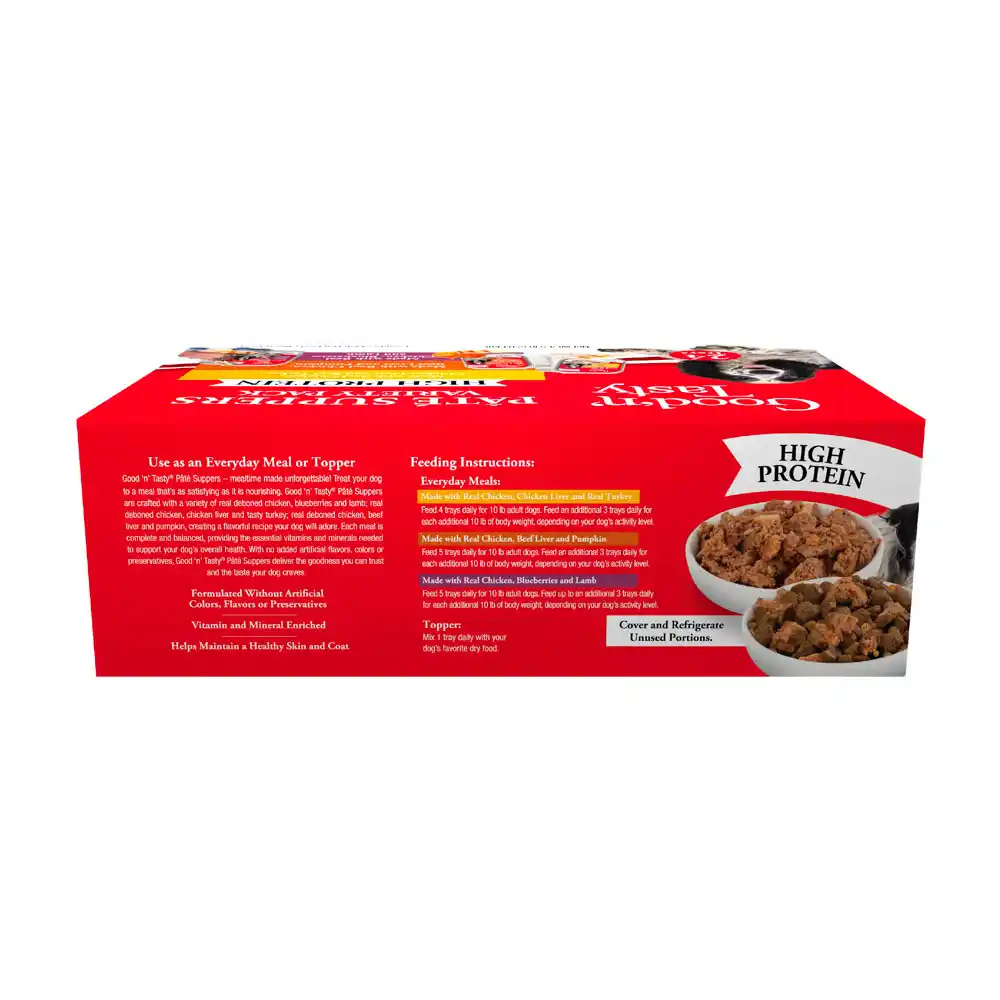 Good'n'Tasty Pate Suppers High Protein Variety Pack back of packaging. High protein wet food. 24 trays, 3 flavor varieties.