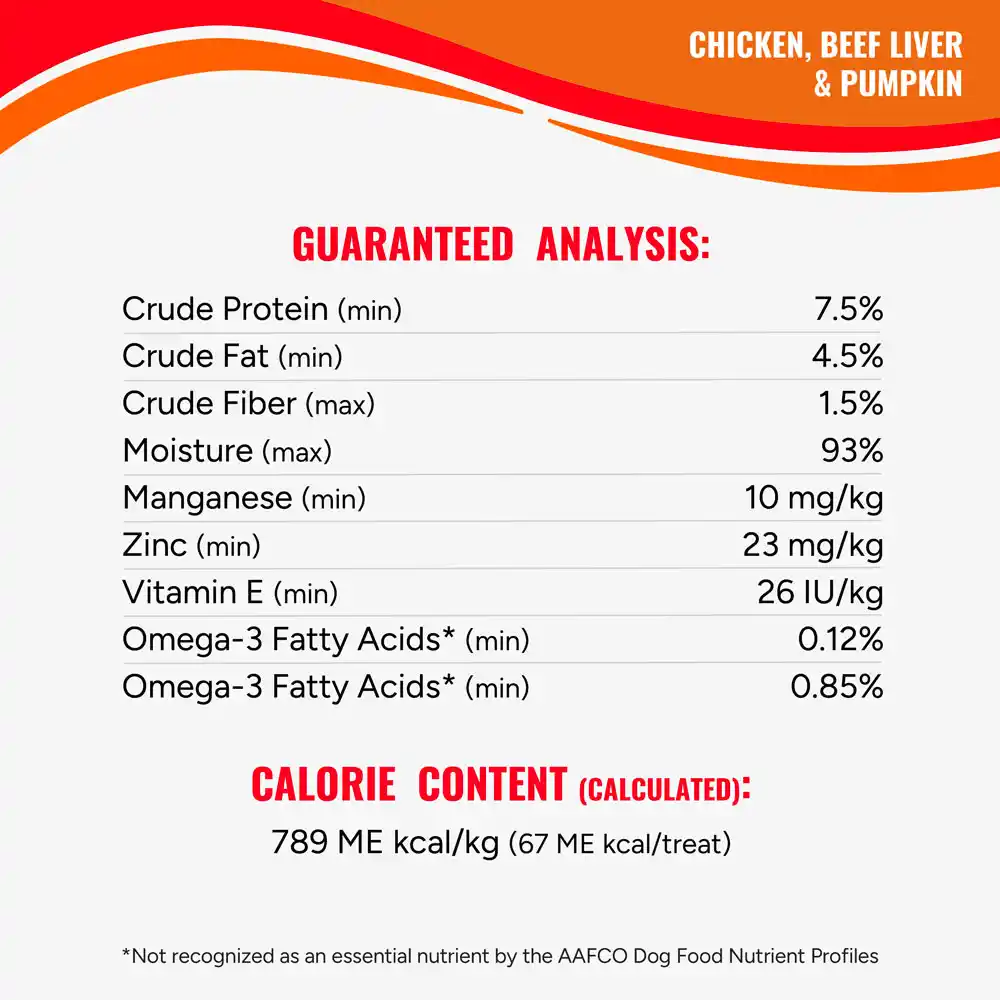Chicken, beef liver and pumpkin guaranteed analysis and calorie content.