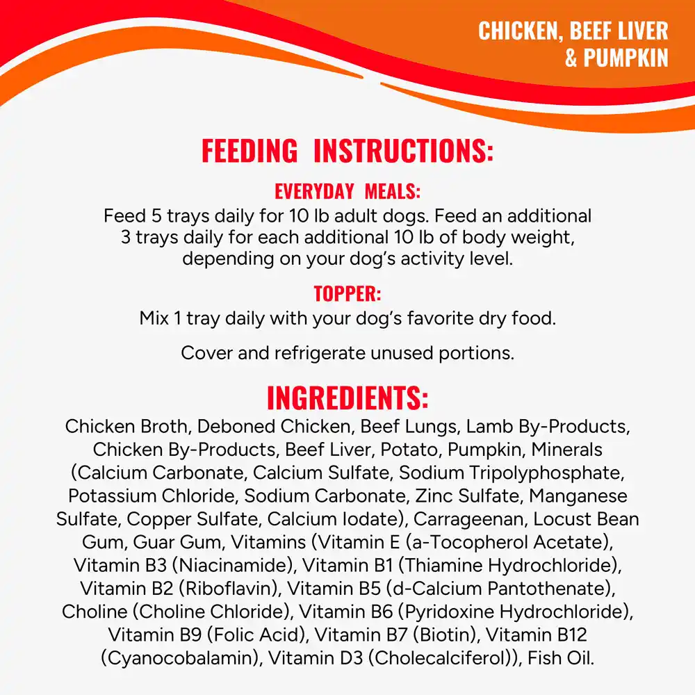Chicken, beef liver and pumpkin feeding instructions and ingredients. 
