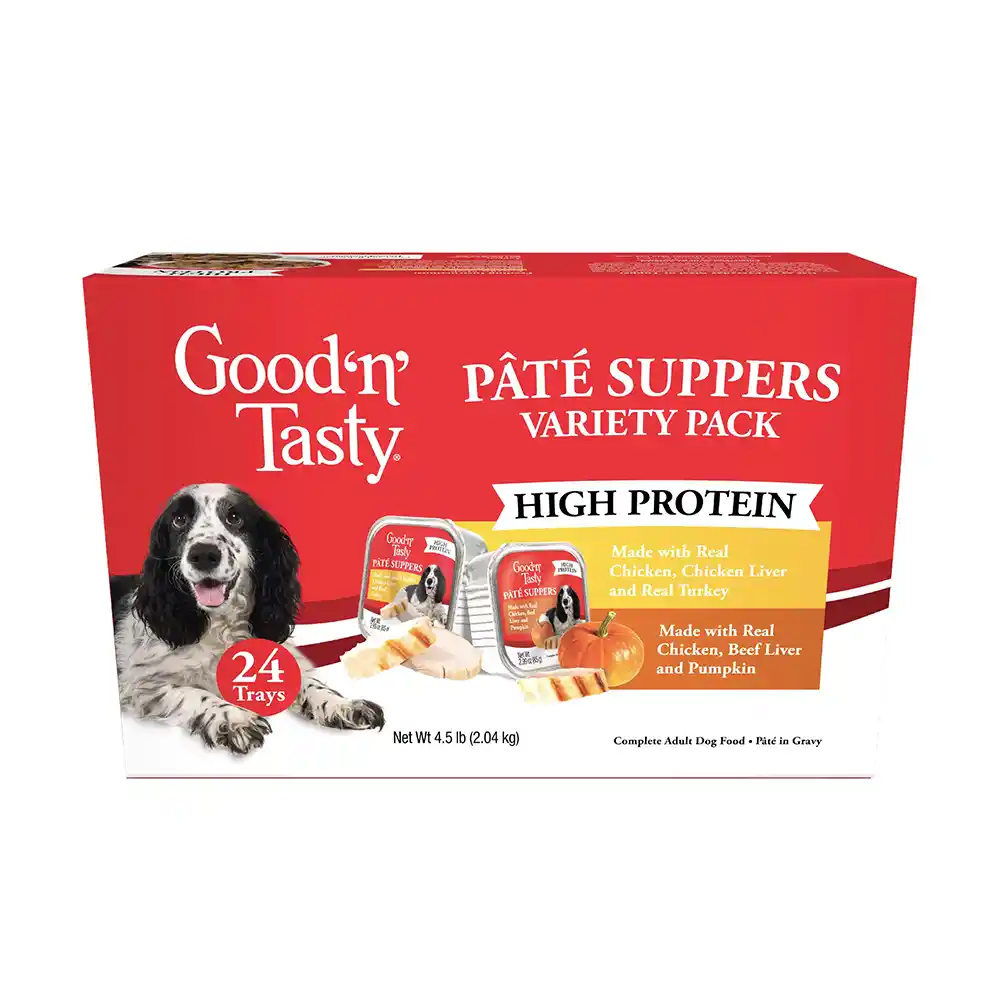Good'n'Tasty Pate Suppers High Protein Variety Pack front of packaging. High protein wet food. 24 trays.
