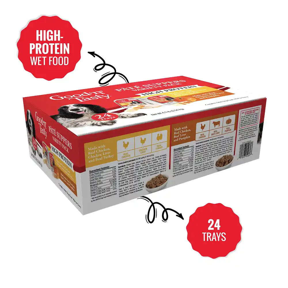 Good'n'Tasty Pate Suppers High Protein Variety Pack side of packaging. High protein wet food. 24 trays.