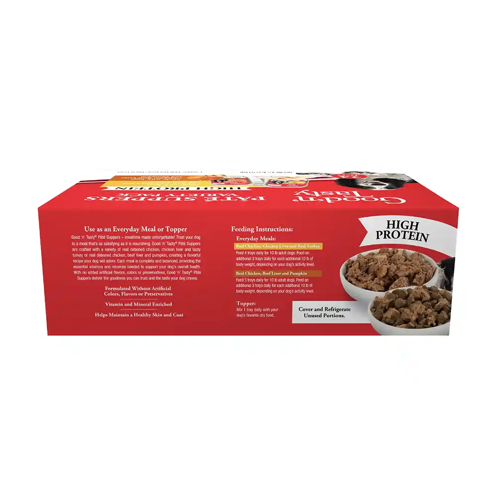 Good'n'Tasty Pate Suppers High Protein Variety Pack back of packaging. High protein wet food. 24 trays.