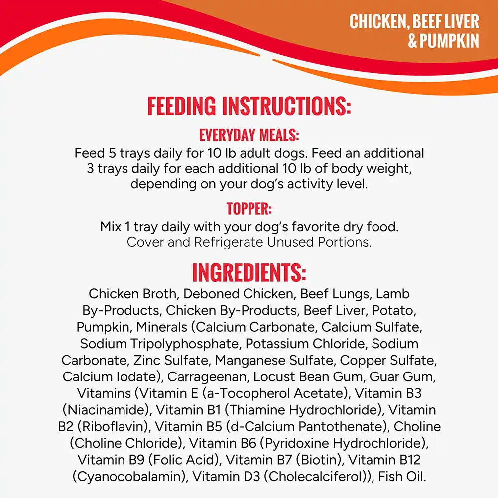 Feeding instructions. Everyday Meals: Feed 4 trays (Chicken and Turkey) and 5 trays (Chicken and Pumpkin) daily for 10 lb adult dogs. Feed an additional 3 trays daily for each additional 10 lb of body weight, depending on your dog's activity level.  Topper: Mix 1 tray daily with your dog's favorite dry food.Cover and Refrigerate Unused Portions.