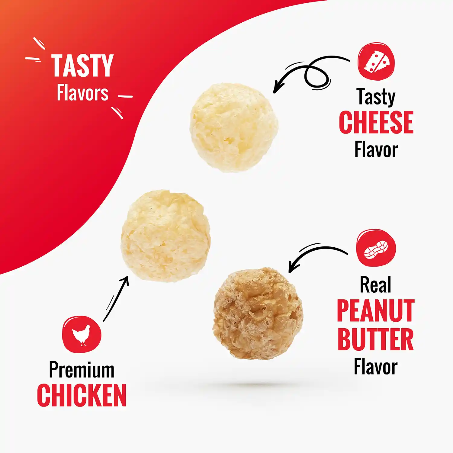 Tasty CHEESE Flavor. Real PEANUT BUTTER Flavor. Premium CHICKEN