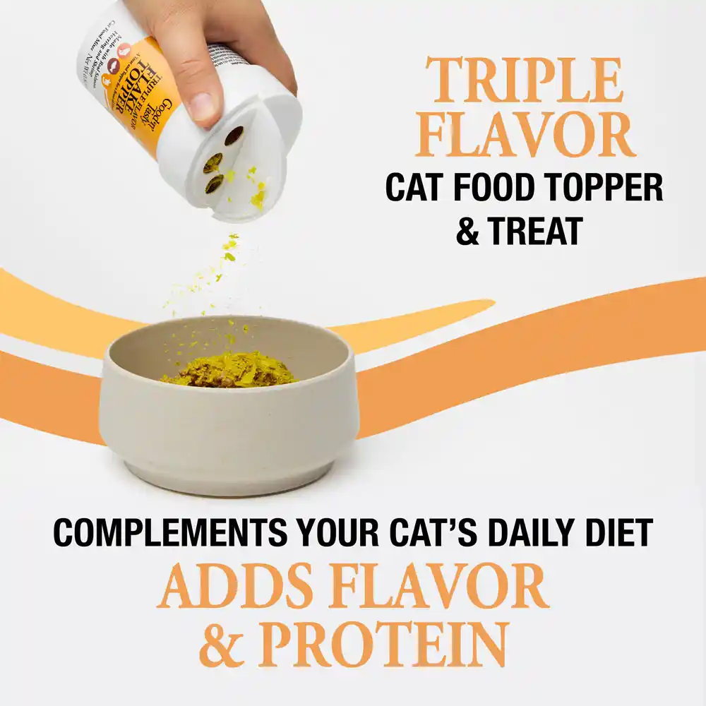 Triple flavor cat food topper and treat. Complements your cat's daily diet. Adds flavor and protein.