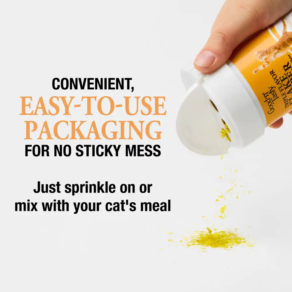 Convenient, easy to use packaging for no sticky mess. Just sprinkle on or mix with your cat's meal.