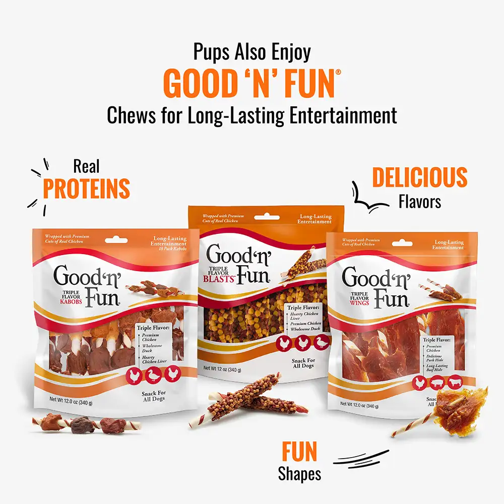 pups also enjoy good n fun chews for long lasting entertainment