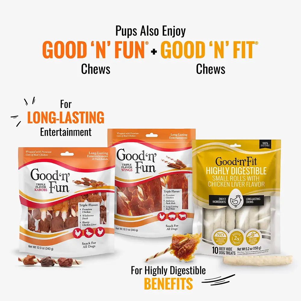 Pups also enjoy good n fun and good n fit chews for long-lasting entertainment and highly digestible benefits