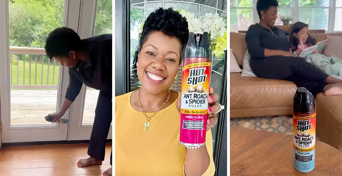 Woman holding hot shot ant roach and spider killer, applying inside her home