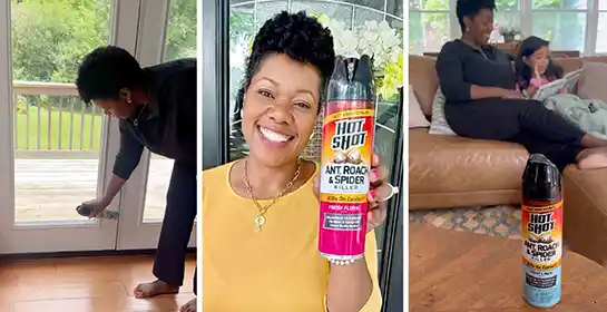 Woman holding hot shot ant roach and spider killer, applying inside her home