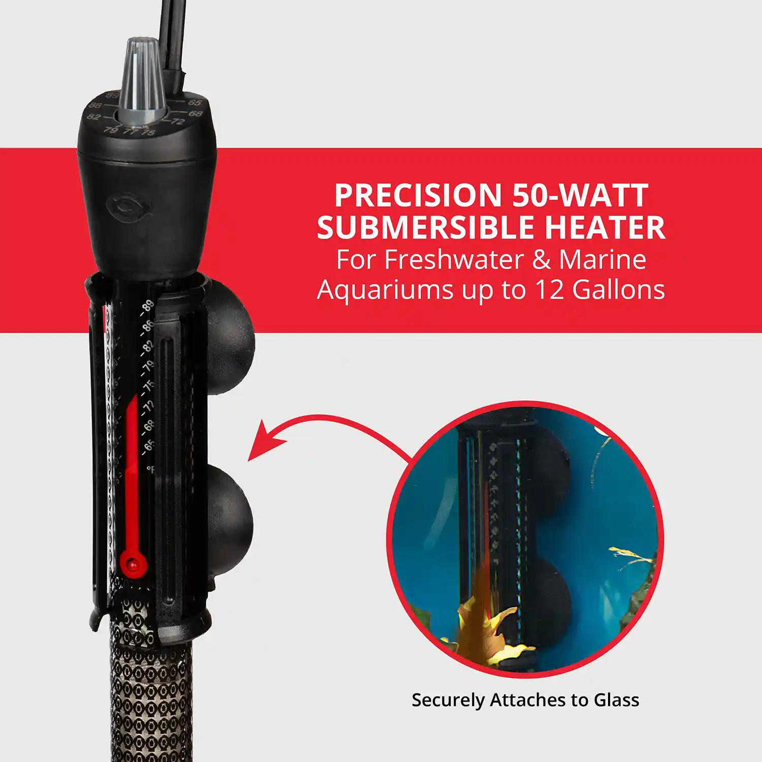 PRECISION 50-WATT SUBMERSIBLE HEATER For Freshwater & Marine Aquariums up to 12 Gallons