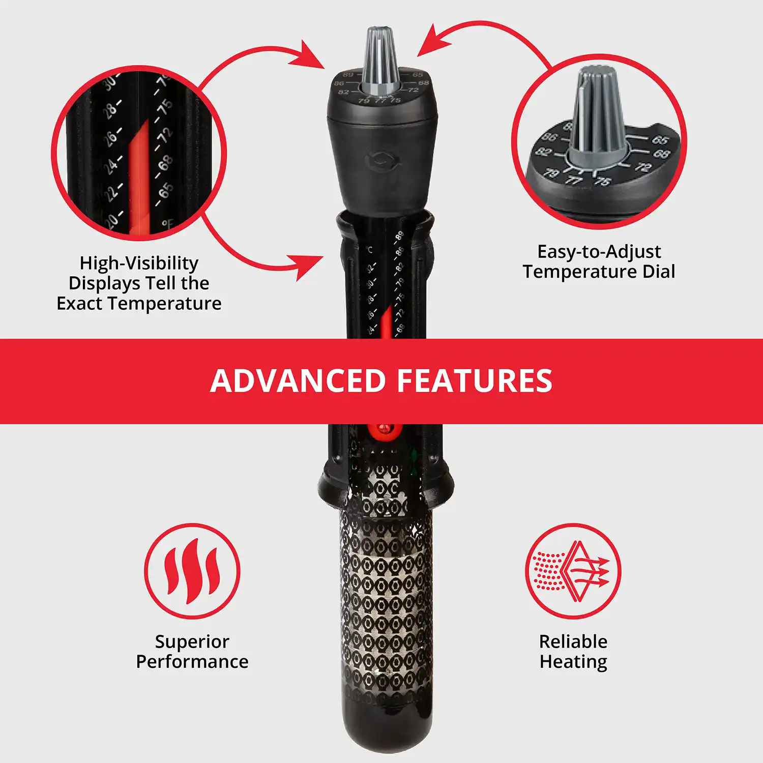 ADVANCED FEATURES: High-Visibility Displays Tell the Exact Temperature. Easy-to-Adjust Temperature Dial. Superior Performance. Reliable Heating