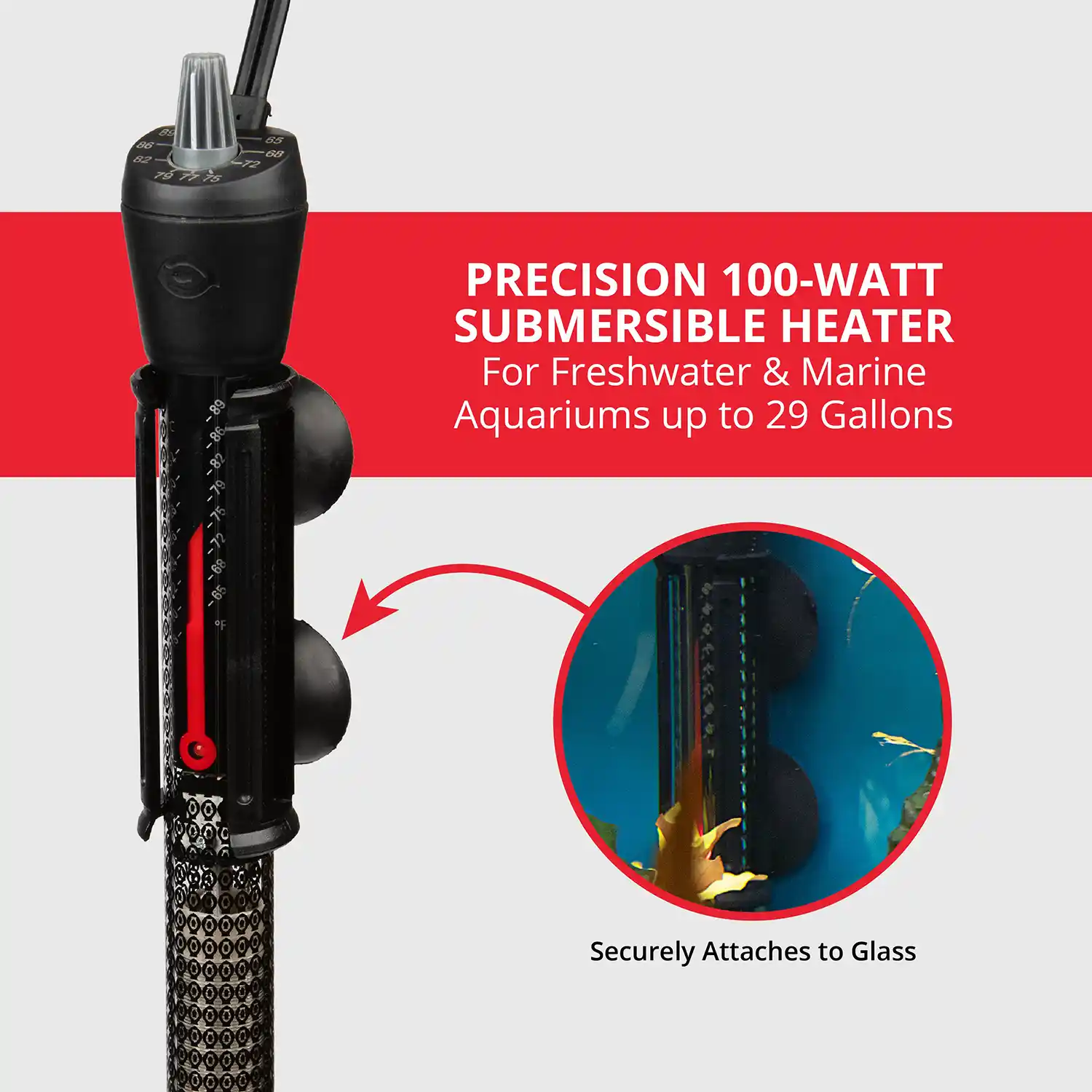 PRECISION 100-WATT SUBMERSIBLE HEATER For Freshwater & Marine Aquariums up to 29 Gallons