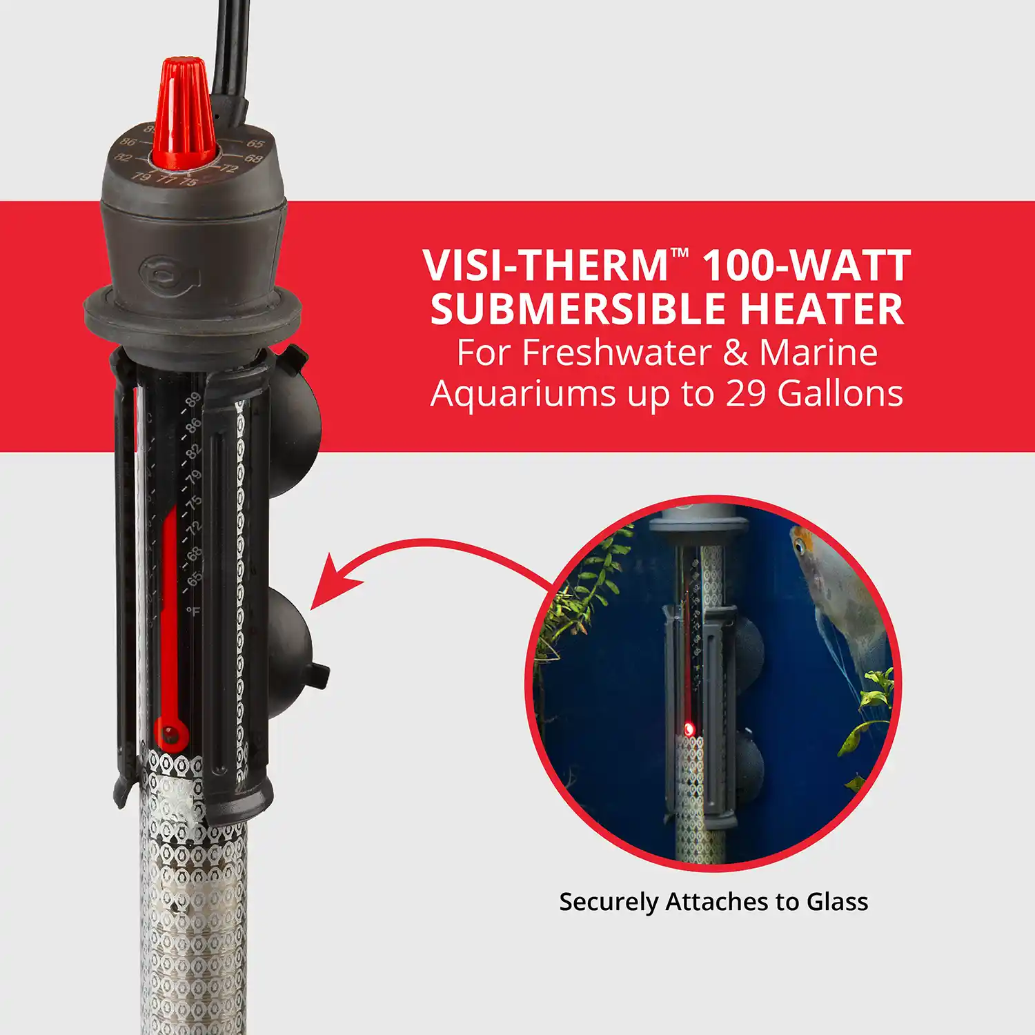 VISI-THERM™ 100-WATT SUBMERSIBLE HEATER For Freshwater & Marine Aquariums up to 29 Gallons