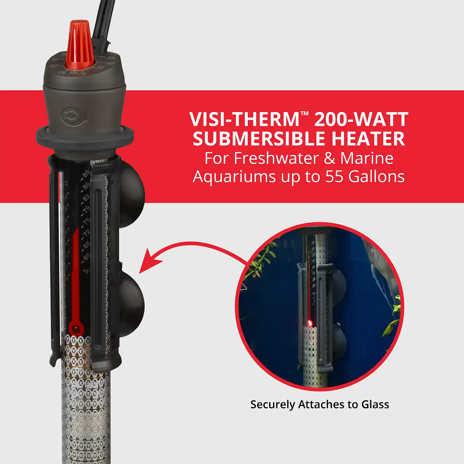VISI-THERM™ 200-WATT SUBMERSIBLE HEATER For Freshwater & Marine Aquariums up to 55 Gallons
