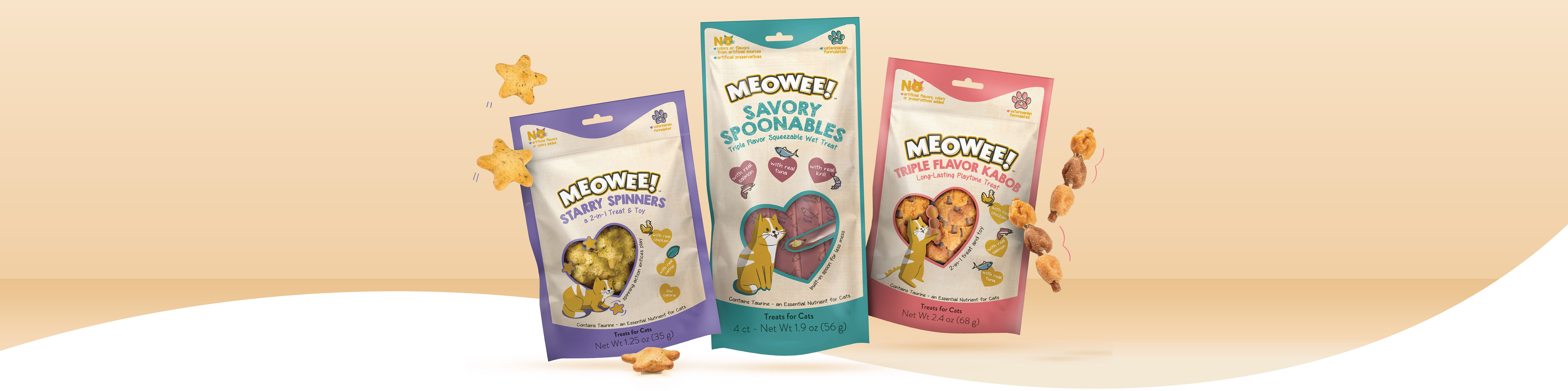 Meowee products floating on beige background