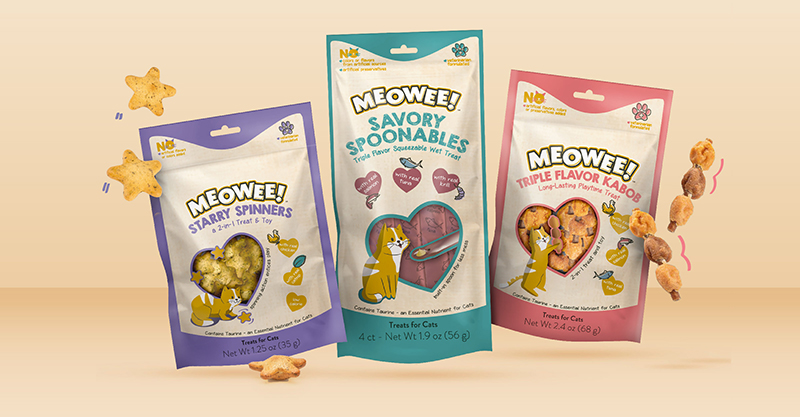 Meowee products floating on beige background