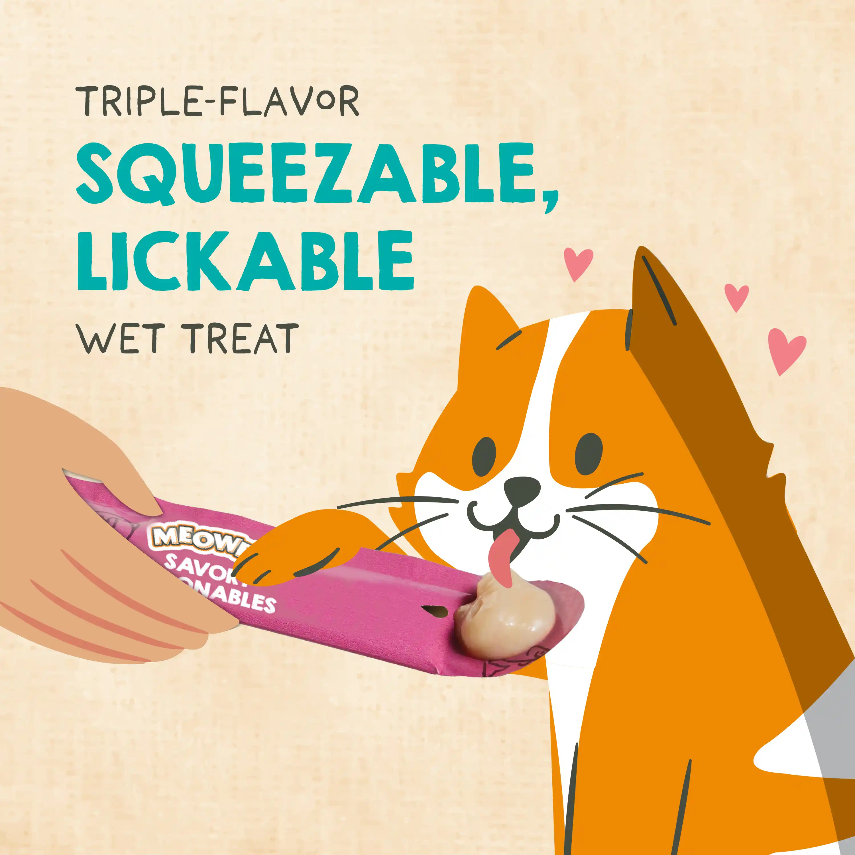 Triple-flavor squeezable, lickable wet treat