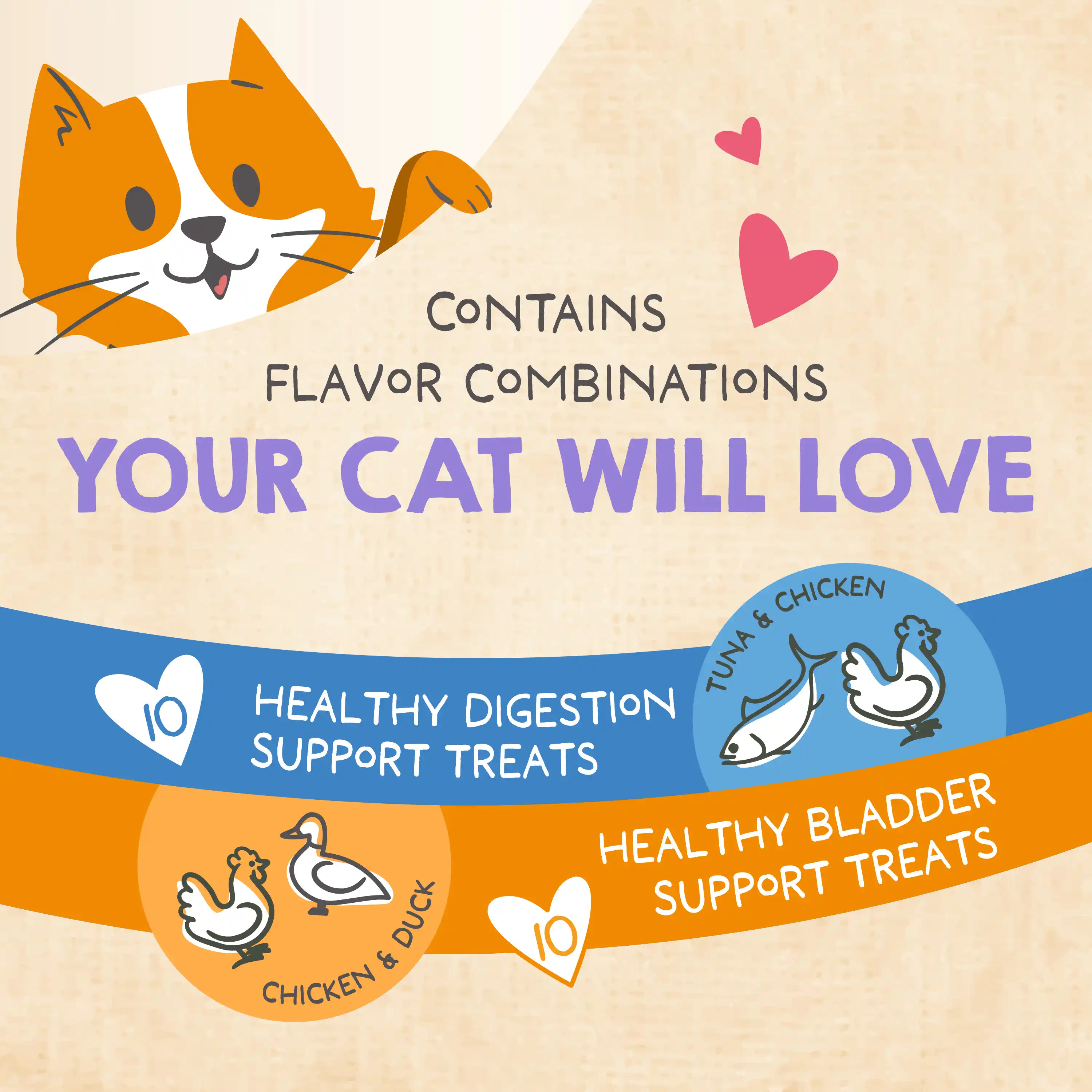 Contains flavor combinations your cat will love. Healthy digestion support treats and healthy ladder support treats. 