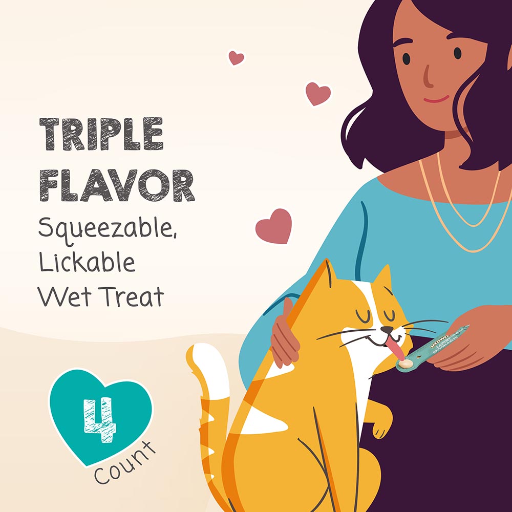 Triple flavor, lockable squeezable wet treat for cats