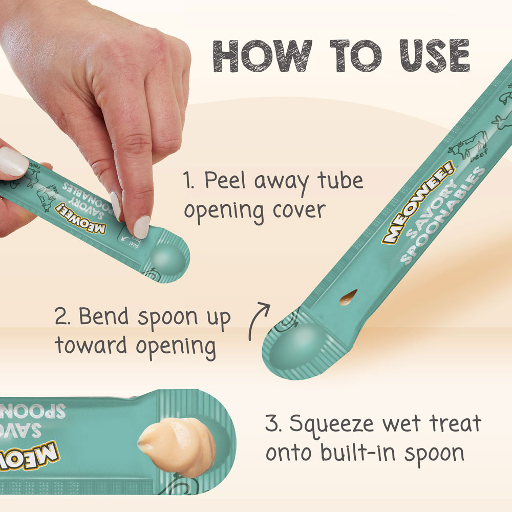  How to use: 1. Peel away tube opening cover. 2. Bend spoon up toward opening. 3. Squeeze wet treat onto built-in spoon