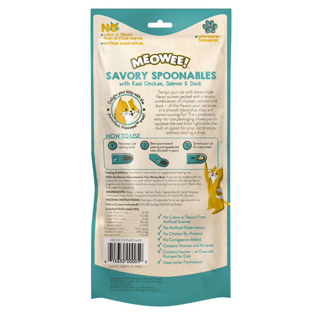Savory Spoonables back of packaging – Chicken, Salmon, Duck