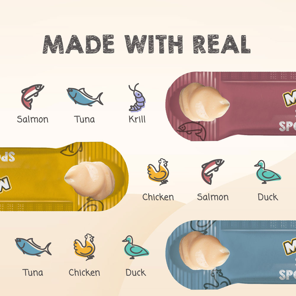 Made with real Salmon, Tuna, Krill / chicken, salmon, duck / tuna, chicken duck